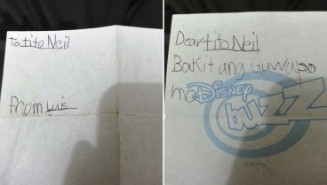 luis' note when he was just starting to learn how to write (left was the front page, to the right is the meat of his "very precise" message)