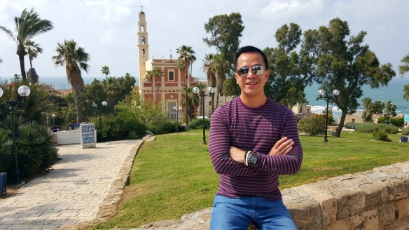 up the hill in old jaffa. behind me is the catholic church of st peter.